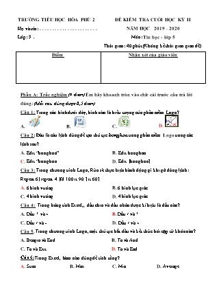 Bài kiểm tra Cuối học kì II môn Tin học Lớp 5 - Năm học 2019-2020 - Trường Tiểu học Hòa Phú 2 (Có đáp án)