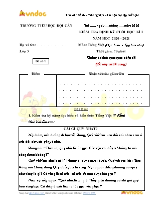 Đề kiểm tra định kì Cuối học kì I môn Tiếng Việt Lớp 5 - Năm học 2020-2021 - Trường Tiểu học Đội Cấn (Có đáp án)