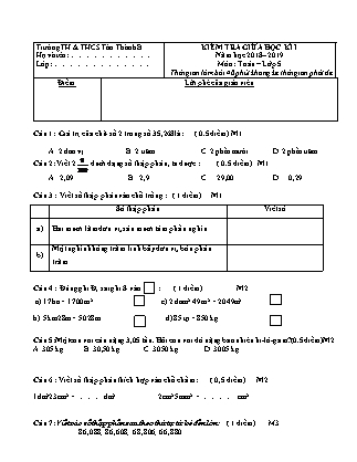 Đề kiểm tra Giữa học kì I môn Toán và Tiếng Việt Lớp 5 - Năm học 2018-2019 - Trường Tiểu học Tân Thành B (Có đáp án)
