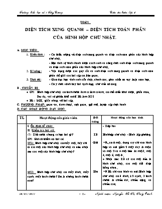 Giáo án Toán Lớp 5 - Bài: Diện tích xung quanh - Diện tích toàn phần của hình hộp chữ nhật - Nguyễn Hồ Thị Thúy Oanh
