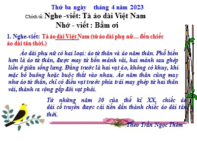 Bài giảng Chính tả Lớp 5 - Tuần 31: Tà áo dài Việt Nam - Năm học 2022-2023 - Nguyễn Minh Anh
