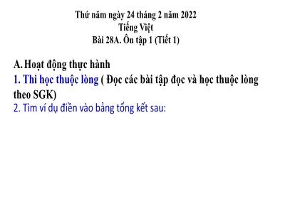 Bài giảng Tiếng Việt Lớp 5 VNEN - Bài 28A: Ôn tập 1 (Tiết 1) - Năm học 2021-2022