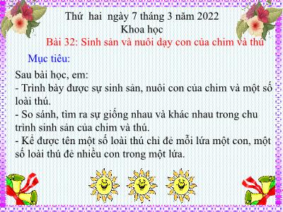 Bài giảng Khoa học Lớp 5 - Bài 32: Sinh sản và nuôi dạy con của chim và thú - Năm học 2021-2022