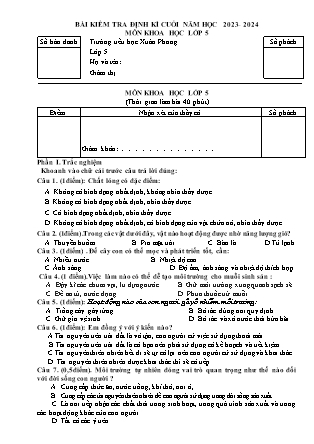 Bài kiểm tra định kì cuối năm môn Khoa học Lớp 5 - Năm học 2023-2024 - Trường Tiểu học Xuân Phong (Có đáp án)