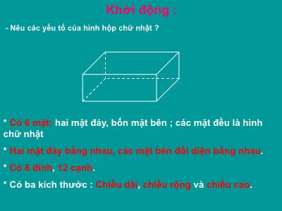 Bài giảng Toán Lớp 5 - Tiết 105: Diện tích xung quanh và diện tích toàn phần của hình hộp chữ nhật - Năm học 2022-2023 - Trần Thị Việt Hà