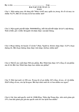 Bài tập ôn tập cuối tuần Toán học Lớp 5 - Tuần 21