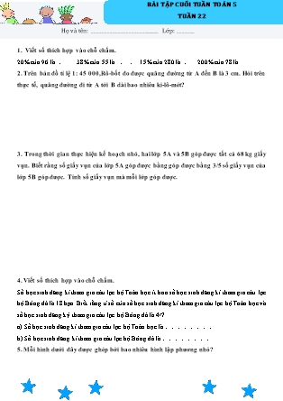 Bài tập ôn tập cuối tuần Toán học Lớp 5 - Tuần 22
