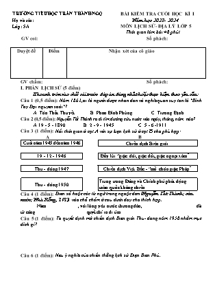 Đề kiểm tra cuối học kì I Lịch sử và Địa lí 5 - Năm học 2023-2024 - Trường Tiểu học Trần Thành Ngọ