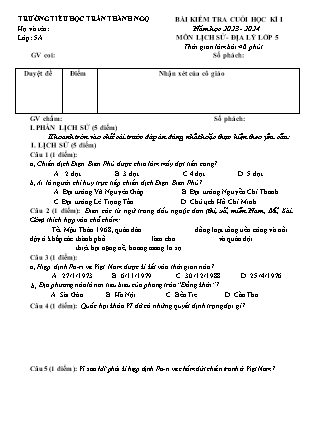 Đề kiểm tra cuối học kì I Lịch sử và Địa lí Lớp 5 - Năm học 2023-2024 - Trường Tiểu học Trần Thành Ngọ