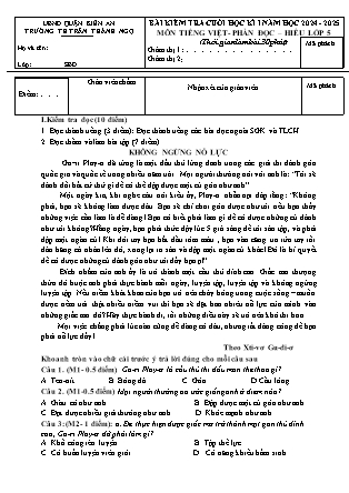 Đề kiểm tra cuối học kì I môn Tiếng Việt Lớp 5 - Năm học 2024-2025 - Trường Tiểu học Trần Thành Ngọ (Có đáp án)