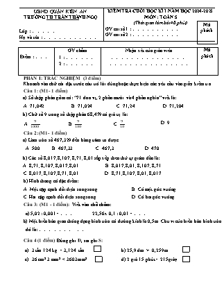 Đề kiểm tra cuối học kì I môn Toán 5 - Năm học 2024-2025 - Trường Tiểu học Trần Thành Ngọ (Có đáp án)