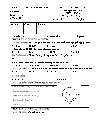 Đề kiểm tra cuối học kì I Toán 5 - Năm học 2024-2025 - Trường Tiểu học Trần Thành Ngọ