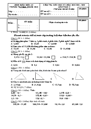 Đề kiểm tra cuối học kì I Toán học 5 - Năm học 2024-2025 - Trường Tiểu học Trần Thành Ngọ (Có đáp án)