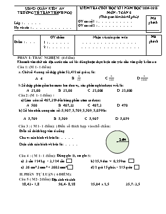 Đề kiểm tra cuối học kì I Toán Lớp 5 - Năm học 2024-2025 - Trường Tiểu học Trần Thành Ngọ (Có đáp án)