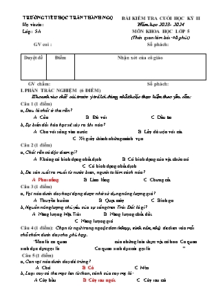 Đề kiểm tra cuối học kì II Khoa học 5 - Năm học 2023-2024 - Trường Tiểu học Trần Thành Ngọ