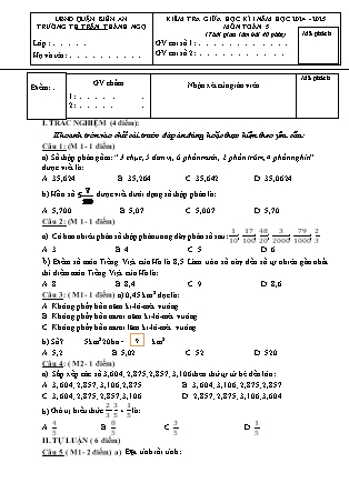 Đề kiểm tra giữa học kì I môn Toán Lớp 5 - Năm học 2024-2025 - Trường Tiểu học Trần Thành Ngọ (Có đáp án)