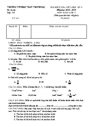 Đề kiểm tra giữa học kì I Toán 5 - Năm học 2023-2024 - Trường Tiểu học Trần Thành Ngọ