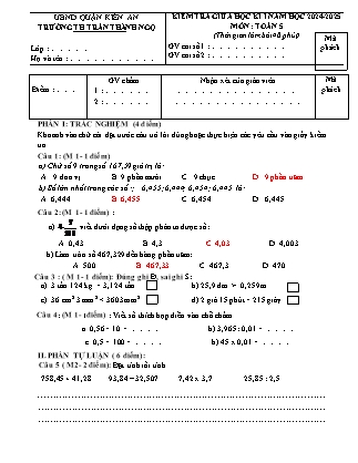 Đề kiểm tra giữa học kì I Toán 5 - Năm học 2024-2025 - Trường Tiểu học Trần Thành Ngọ (Có đáp án)
