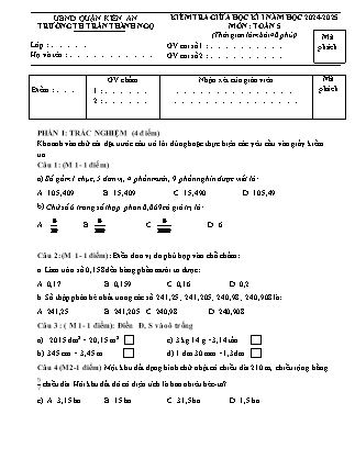 Đề kiểm tra giữa học kì I Toán học Lớp 5 - Năm học 2024-2025 - Trường Tiểu học Trần Thành Ngọ (Có đáp án)