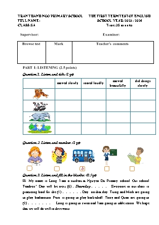 Đề kiểm tra học kì I Tiếng Anh 5 - Năm học 2203-2024 - Trường Tiểu học Trần Thành Ngọ