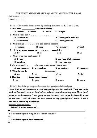 Đề kiểm tra khảo sát chất lượng giữa học kì I Tiếng Anh Lớp 5