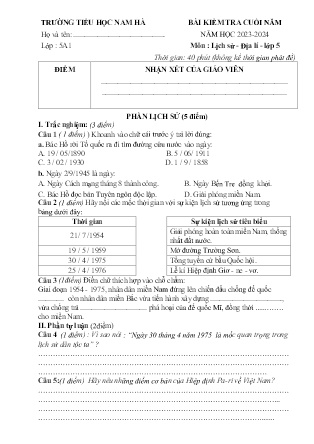 Ma trận 5 Đề kiểm cuối năm Lịch sử và Địa lí 5 - Năm học 2023-2024 - Trường Tiểu học Nam Hà