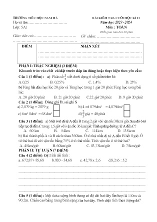 Ma trận 5 Đề kiểm tra cuối học kì II Toán 5 - Năm học 2023-2024 - Trường Tiểu học Nam Hà