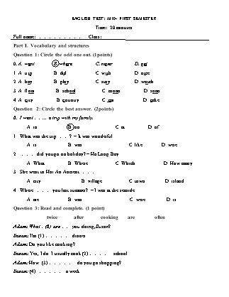 Bài kiểm tra môn Tiếng Anh Lớp 5 - Mid-first Semester