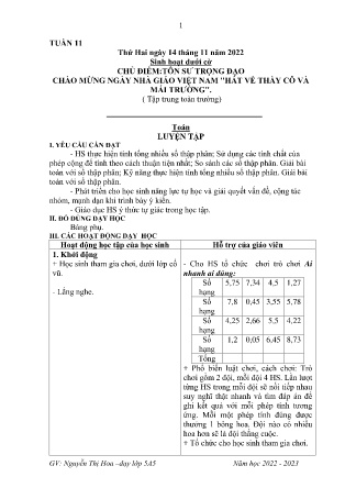 Kế hoạch bài dạy Các môn Lớp 5 Năm học 2022-2023 - Tuần 11 (GV: Nguyễn Thị Hoa)