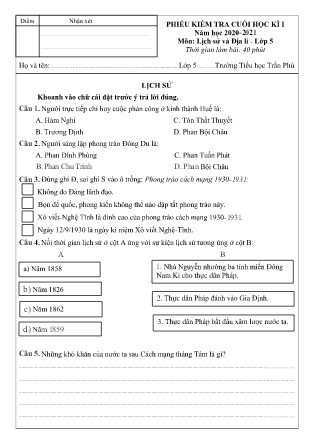 Phiếu kiểm tra Cuối học kì I môn Lịch Sử và Địa Lí Lớp 5 - Trường TH Trần Phú - Năm học 2020-2021 (Có đáp án + Ma trận)