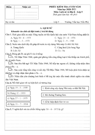 Phiếu kiểm tra Cuối năm môn Lịch Sử và Địa Lí Lớp 5 - Trường TH Trần Phú - Năm học 2020-2021 (Có hướng dẫn chấm + Ma trận)