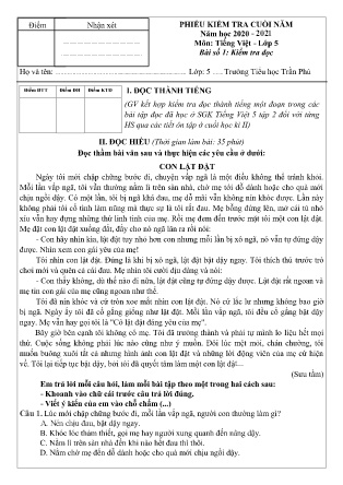 Phiếu kiểm tra Cuối năm môn Tiếng Việt Lớp 5 - Trường TH Trần Phú - Năm học 2020-2021 (Có hướng dẫn chấm + Ma trận)