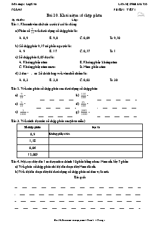 Phiếu Bài tập hằng ngày Toán Lớp 5 - Bài 10. Khái niệm số thập phân - Kết nối tri thức (Năm học 2026-2027)