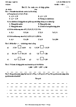 Phiếu Bài tập hằng ngày Toán Lớp 5 - Bài 11. So sánh các số thập phân - Kết nối tri thức (Năm học 2026-2027)