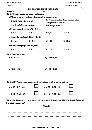 Phiếu Bài tập hằng ngày Toán Lớp 5 - Bài 20. Phép trừ số thập phân - Kết nối tri thức (Năm học 2026-2027)