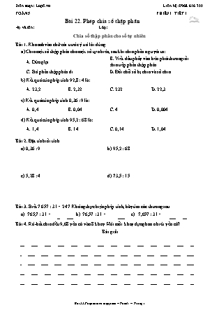 Phiếu Bài tập hằng ngày Toán Lớp 5 - Bài 22. Phép chia số thập phân - Kết nối tri thức (Năm học 2026-2027)