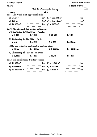 Phiếu Bài tập hằng ngày Toán Lớp 5 - Bài 34. Ôn tập đo lường - Kết nối tri thức (Năm học 2026-2027)
