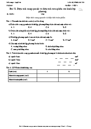 Phiếu Bài tập hằng ngày Toán Lớp 5 - Bài 51. Diện tích xung quanh và diện tích toàn phần của hình lập phương - Kết nối tri thức (Năm học 2026-2027)