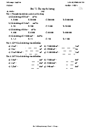 Phiếu Bài tập hằng ngày Toán Lớp 5 - Bài 72. Ôn tập đo lường - Kết nối tri thức (Năm học 2026-2027)